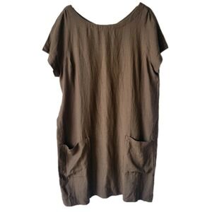 Eileen Fisher Organic Linen Tencel Crepe Dress XL Brown Pockets Lagenlook NWT